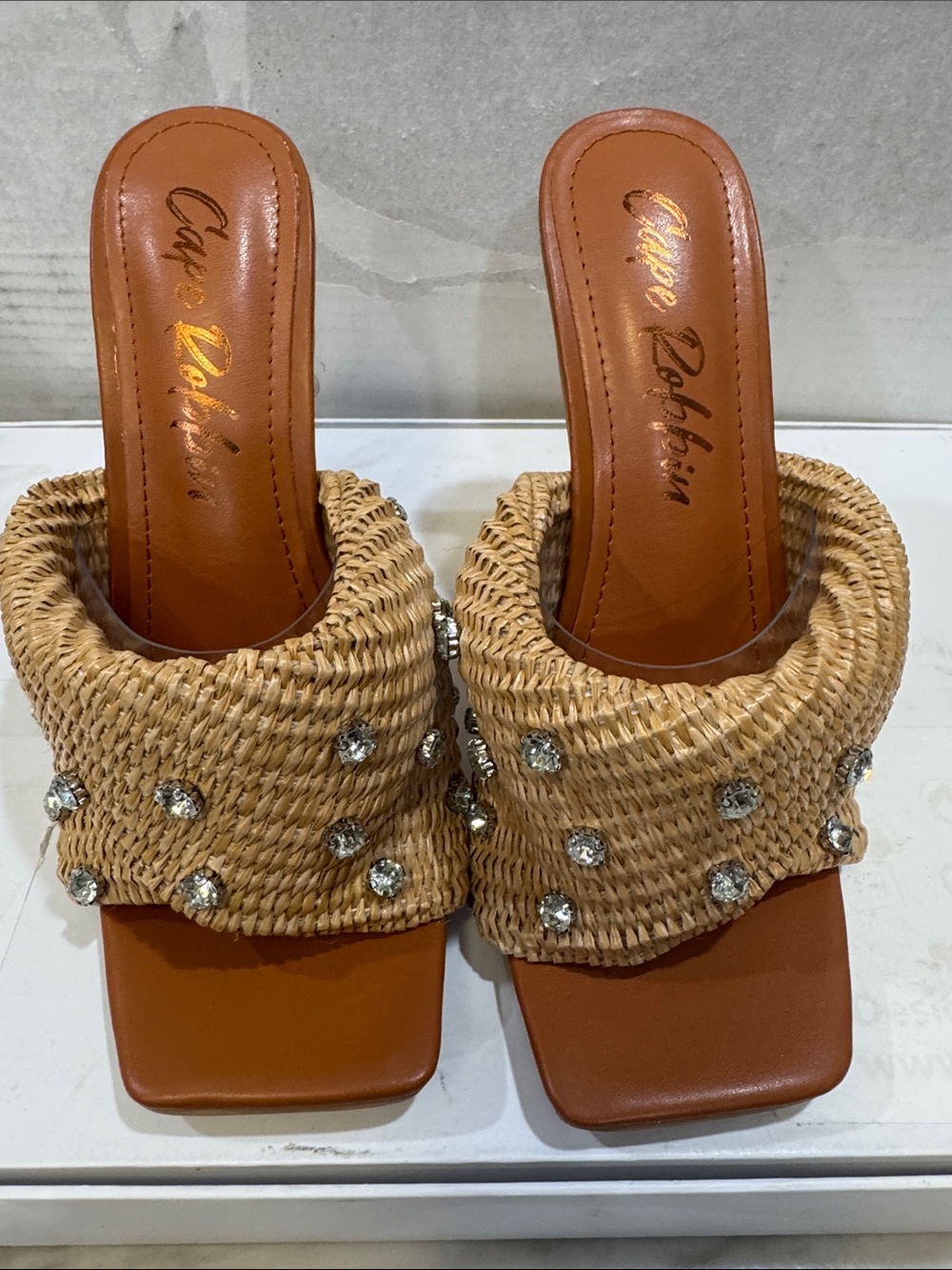 Cape Robbin Tan Woven Slide Mules with Crystal Embellishments